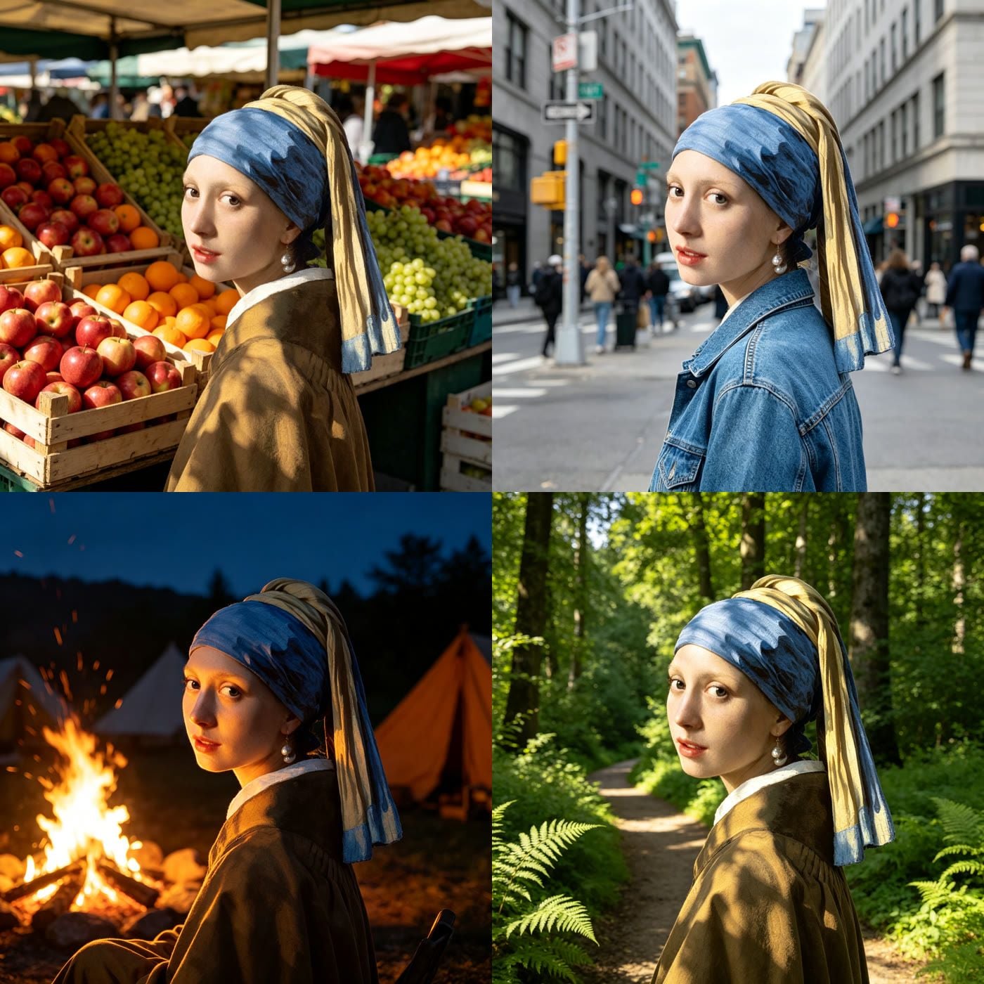 Grid of four AI-generated images showing the same character kept consistent across different scenes