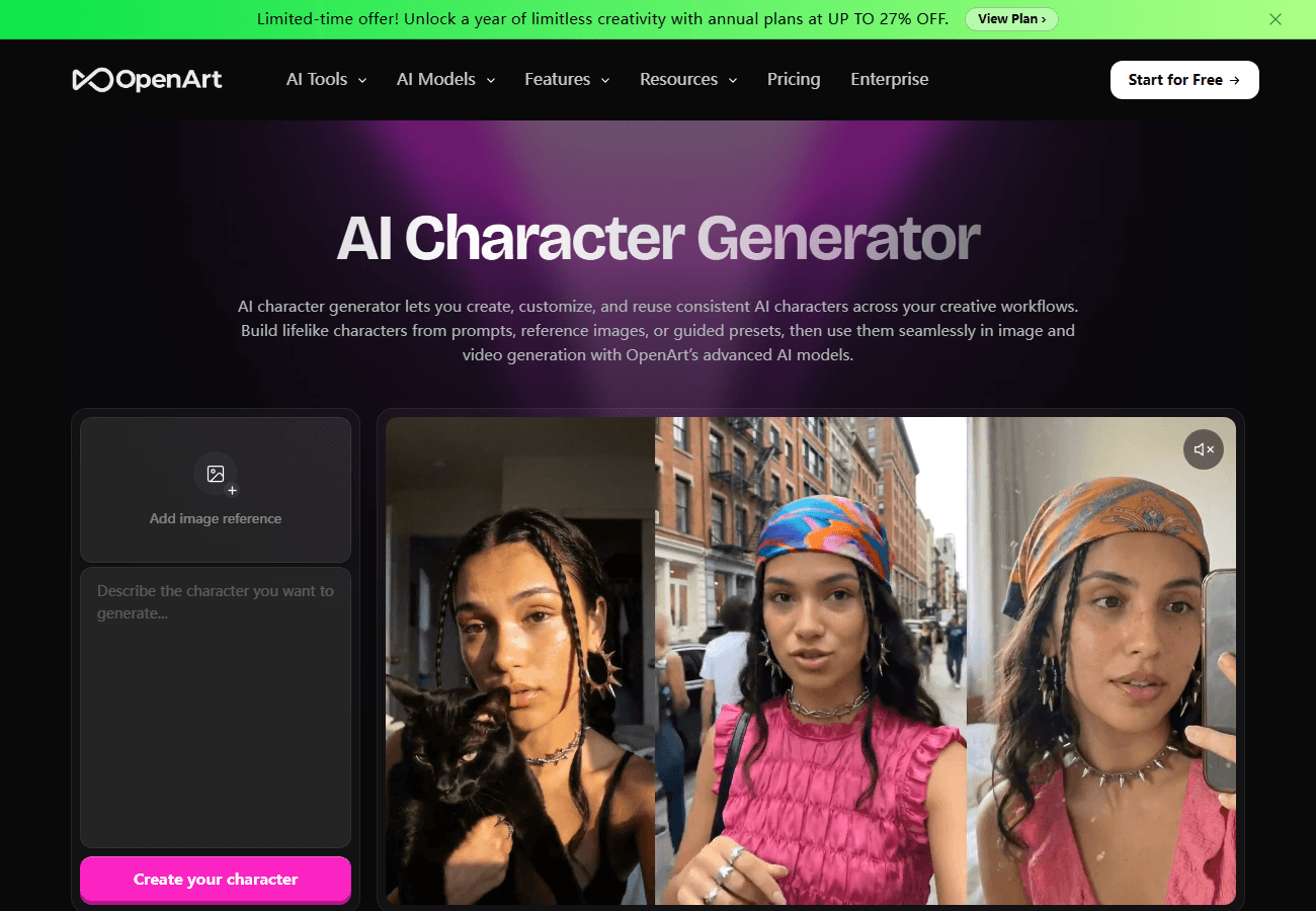OpenArt AI Character generator text-prompt creation interface