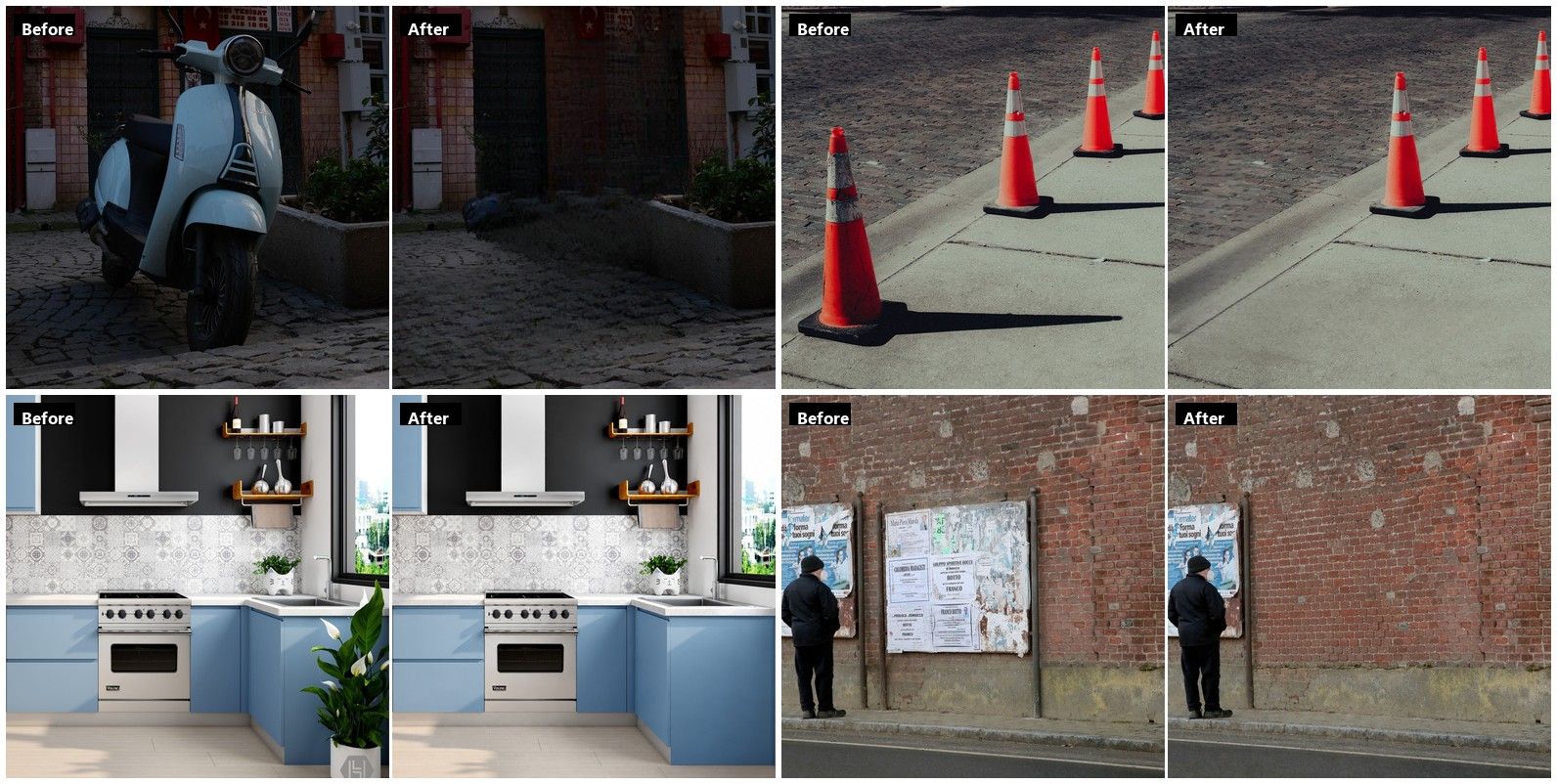 Four before and after pairs edited on Atlas Cloud. A scooter is cleared from the front of a red wooden building and the doorway and stone planter behind it are rebuilt. The nearest traffic cone and its long shadow are cleared from a pavement while the rest of the row stays. A potted plant is removed from a blue kitchen and the cabinet run continues through the gap. The right-hand poster board is removed from a brick wall while the man reading the left board stays put.