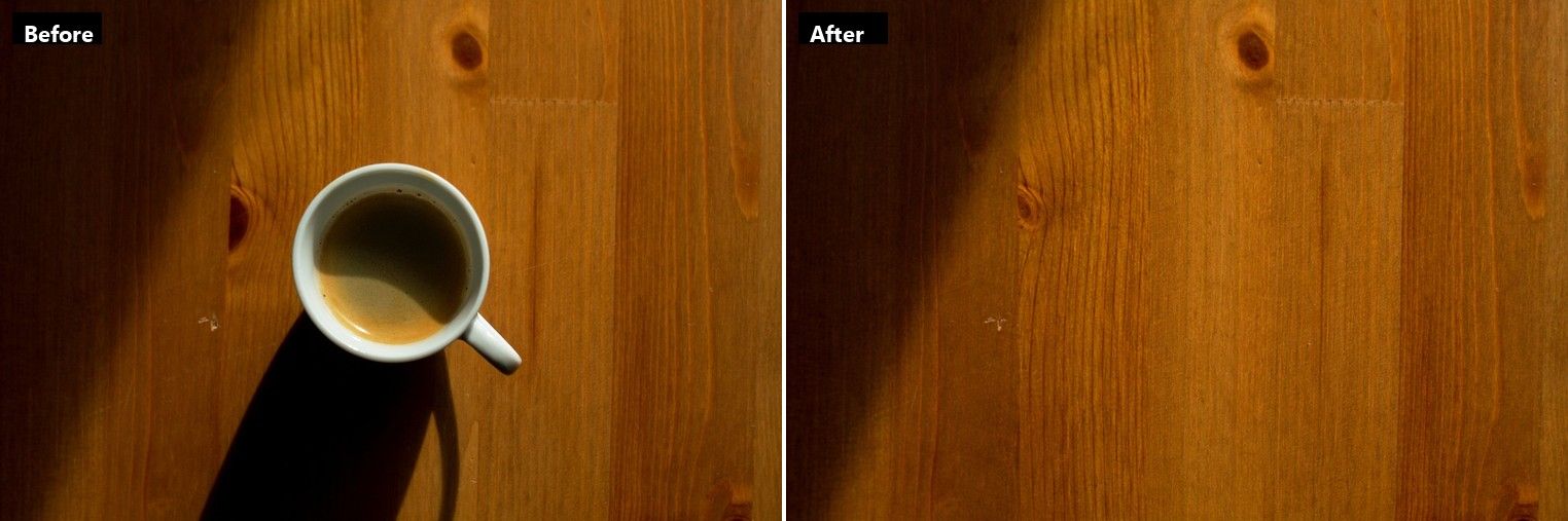 A white espresso cup shot from above on a wooden surface, before and after one masked cloud edit on Atlas Cloud. The cup and the hard shadow attached to it are gone, the grain lines and the knot pattern run unbroken through the gap, and the diagonal edge of the ambient shade crossing the frame is unchanged.