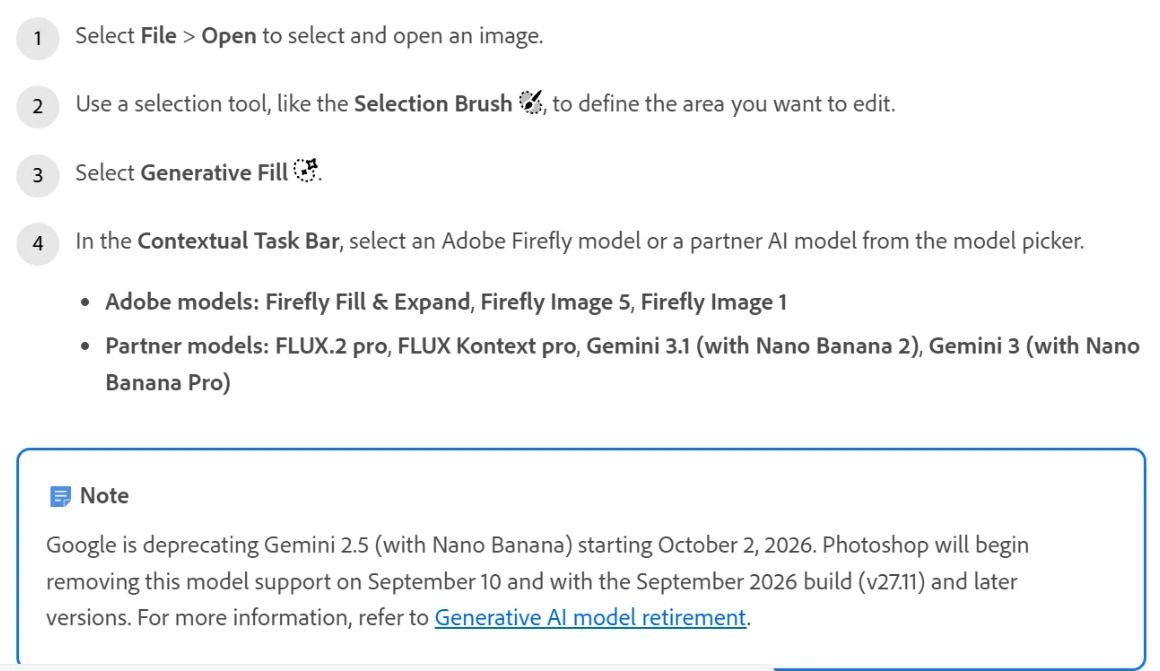 Adobe's Photoshop help page for Generative Fill. Step two says to use a selection tool such as the Selection Brush to define the area you want to edit. Step four lists the model picker contents: Firefly Fill and Expand, Firefly Image 5 and Firefly Image 1 from Adobe, and FLUX.2 pro, FLUX Kontext pro, Gemini 3.1 and Gemini 3 from partners, with a note that Gemini 2.5 support is being removed.