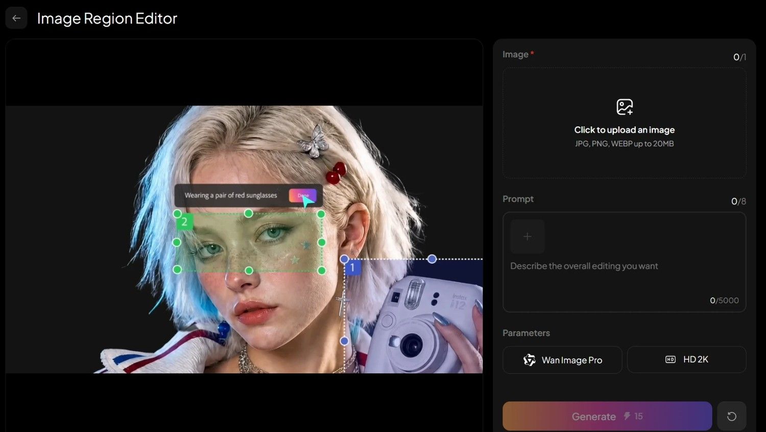 The PixVerse Image Region Editor with two numbered rectangles dragged onto a portrait. The green region carries its own instruction reading wearing a pair of red sunglasses. The right panel holds a single image upload slot, a prompt counter reading 0 of 8, parameters set to Wan Image Pro and HD 2K, and a Generate button priced at 15 credits.
