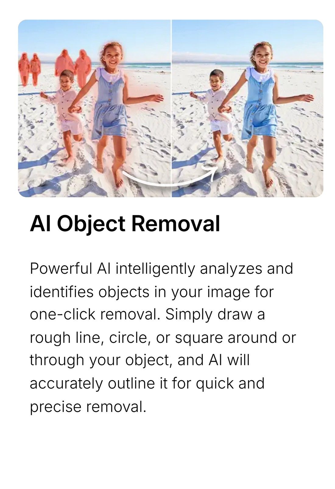 CyberLink's PhotoDirector feature page for AI Object Removal. A beach photo is shown before and after two background figures are taken out, above text explaining that you draw a rough line, circle or square around or through the object and the software outlines it for removal.