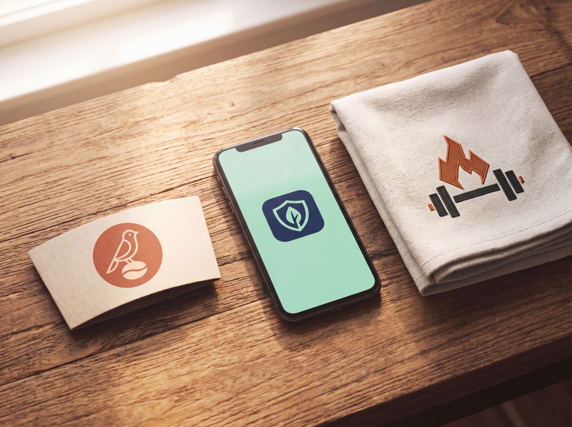 Three AI logo generator outputs shown as real proofs, a coffee roaster mark on a cup sleeve, a fintech app icon on a phone, and a gym mark embroidered on a towel