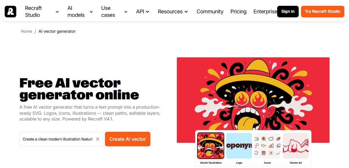 Recraft's free AI vector generator page, describing production-ready SVG output with clean paths and editable layers