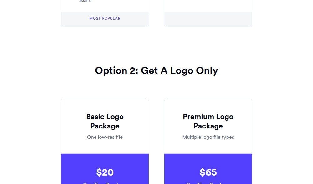 Looka's pricing page showing the Basic $20 one-time package with one PNG file against the Premium $65 package with PNG, EPS, SVG, and PDF formats