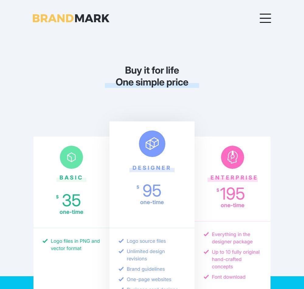 Brandmark's pricing page showing the Basic $35 one-time package that includes logo files in PNG and vector format