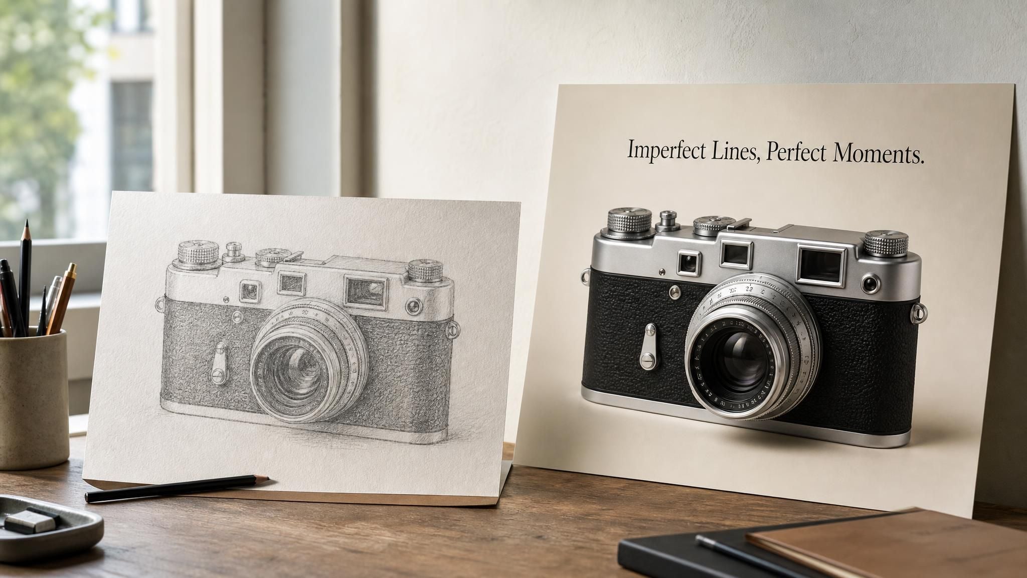 Designer comparing a printed AI-generated vintage camera poster with the on-screen version from an AI poster generator