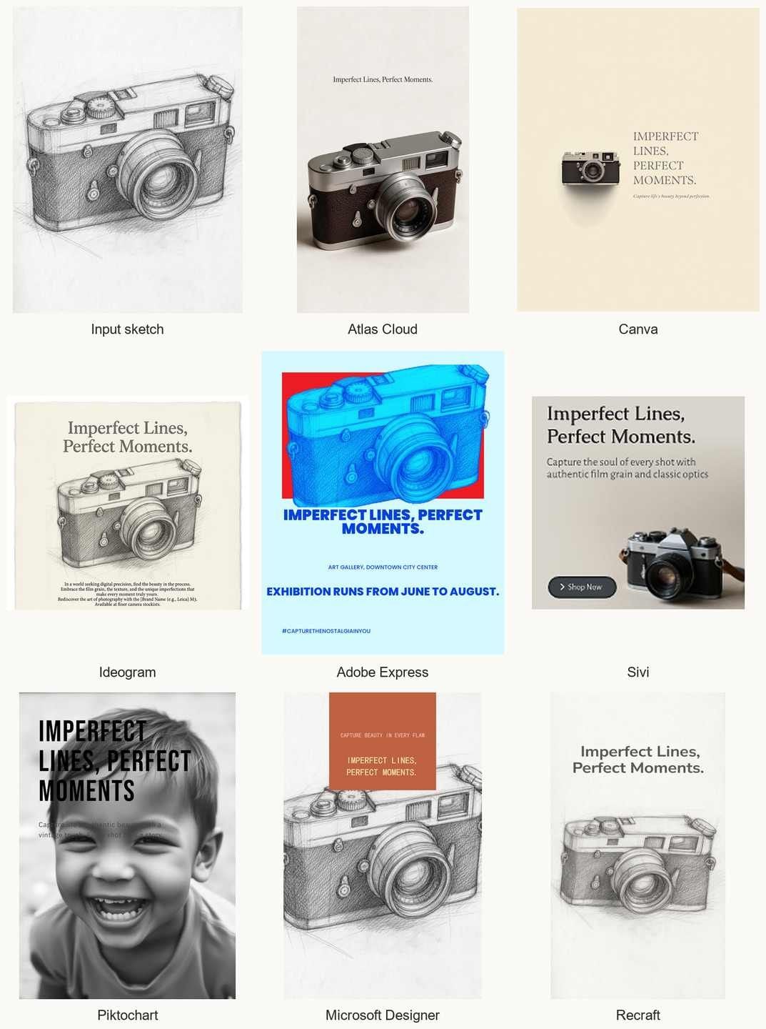 One pencil sketch of a vintage film camera and the eight outputs that eight AI poster generators made from it, shown side by side to compare whether the headline Imperfect Lines, Perfect Moments survived and what happened to the camera
