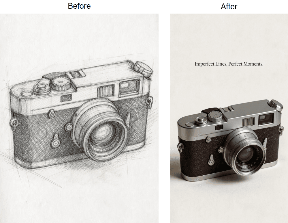 Atlas Cloud AI ad generator before and after, a pencil sketch of a vintage film camera turned into a photoreal camera poster with the headline Imperfect Lines, Perfect Moments rendered as typed