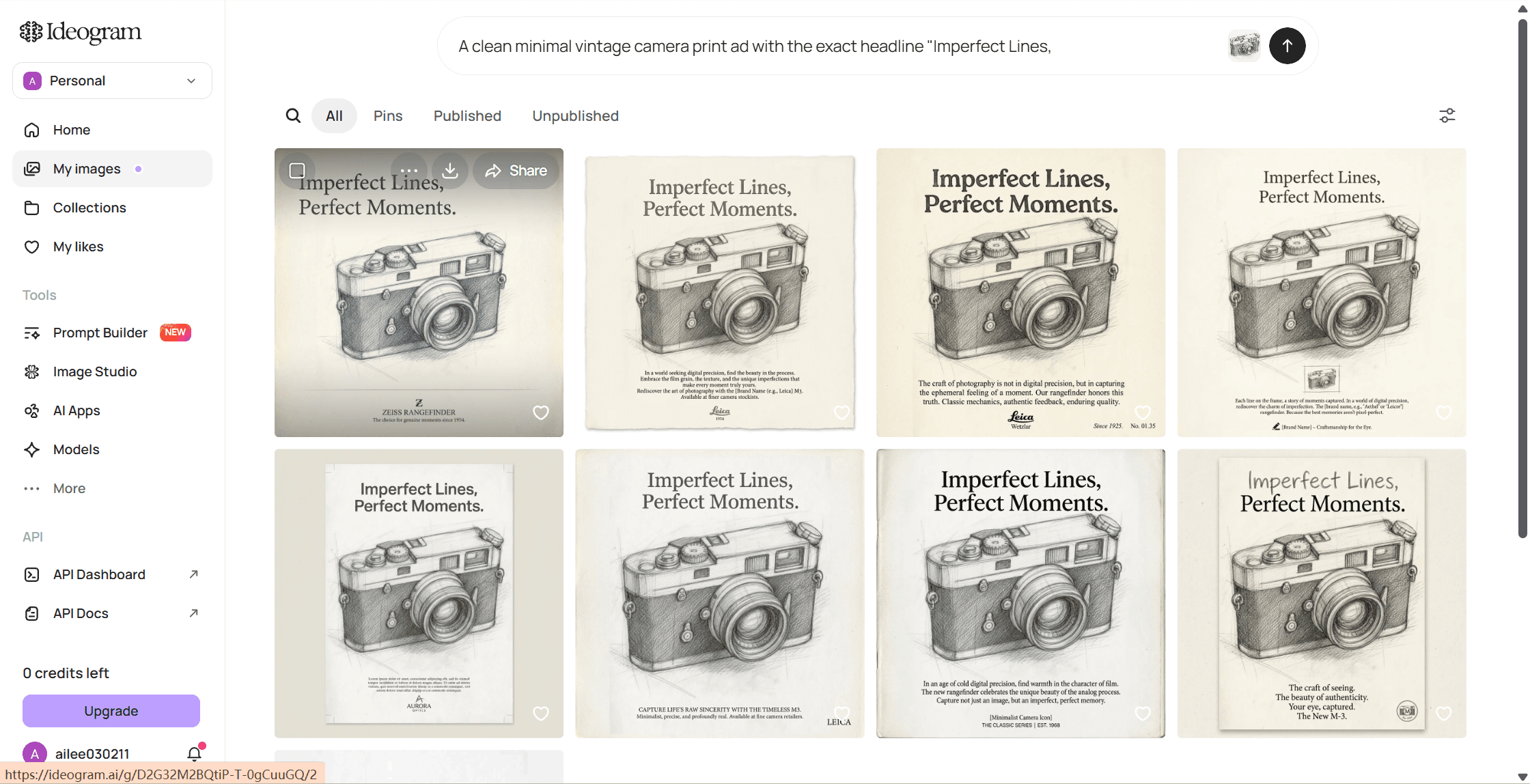 Ideogram AI poster generator output for the vintage camera brief, the sketch kept as a pencil drawing with the headline spelled correctly and small invented body copy containing a bracketed placeholder