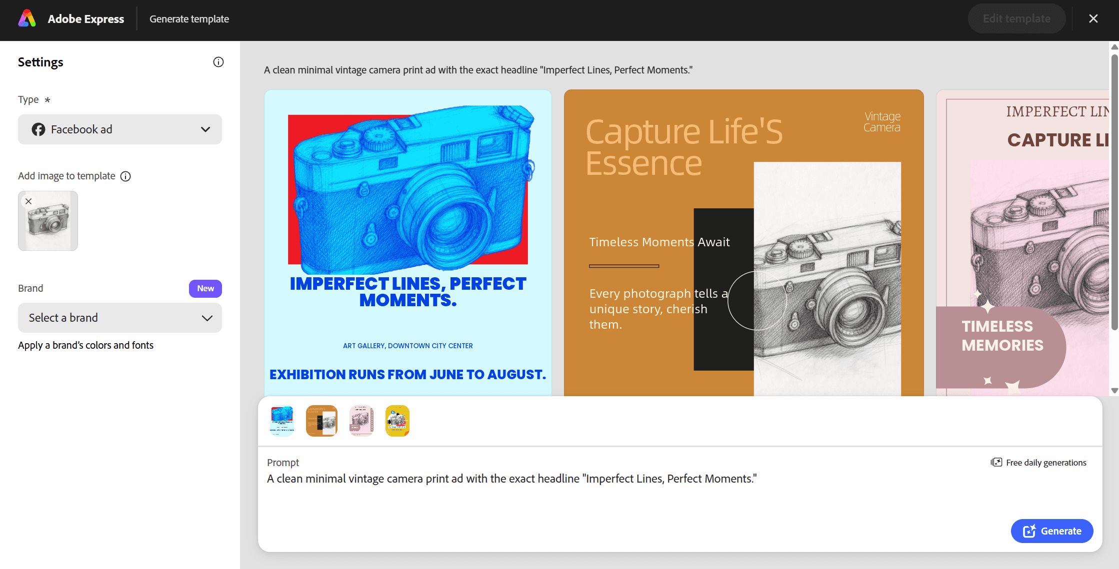 Adobe Express AI poster generator result for the vintage camera brief, the uploaded sketch tinted cyan on a red block with the headline in bold blue capitals and template placeholder lines below