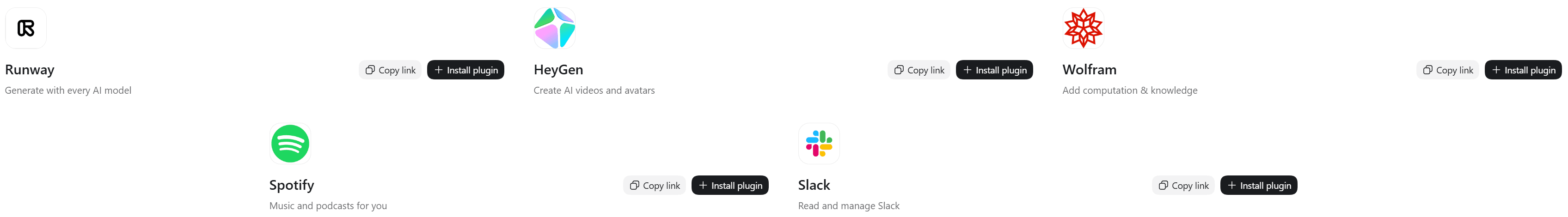 Directory listing headers for five more ChatGPT plugins: Runway, HeyGen, Wolfram, Spotify and Slack, each with its tagline and an Install plugin button