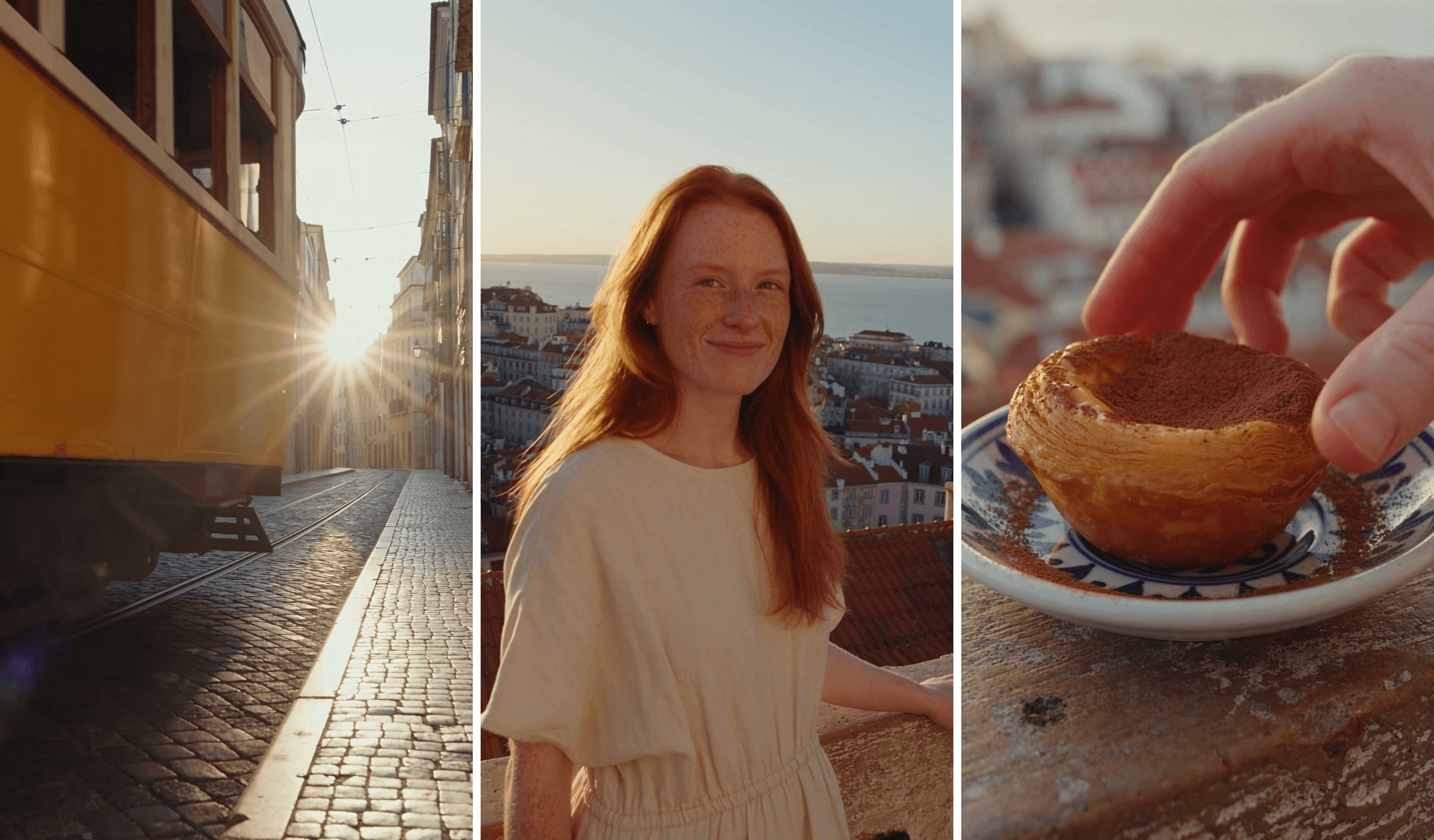 Three vertical frames from one Seedance 2.5 clip made with the Atlas Cloud plugin in ChatGPT: a yellow Lisbon tram on a sunlit cobbled street, a red-haired woman smiling on a viewpoint above terracotta rooftops, and a hand reaching for a pastel de nata