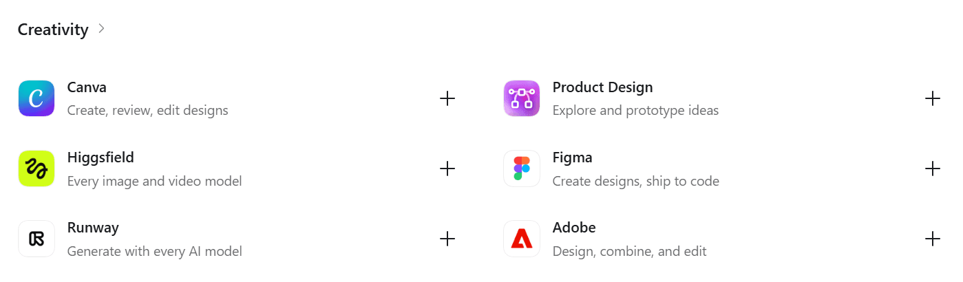 Creativity row of the Plugins page in the ChatGPT desktop app, listing Canva, Higgsfield, Runway, Product Design, Figma and Adobe with install buttons