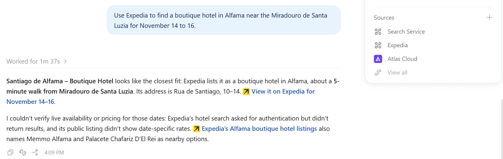 Same ChatGPT thread after the Atlas Cloud teaser: an Expedia request for an Alfama hotel, the reply suggesting Santiago de Alfama with Expedia links, and Expedia and Atlas Cloud listed together under Sources