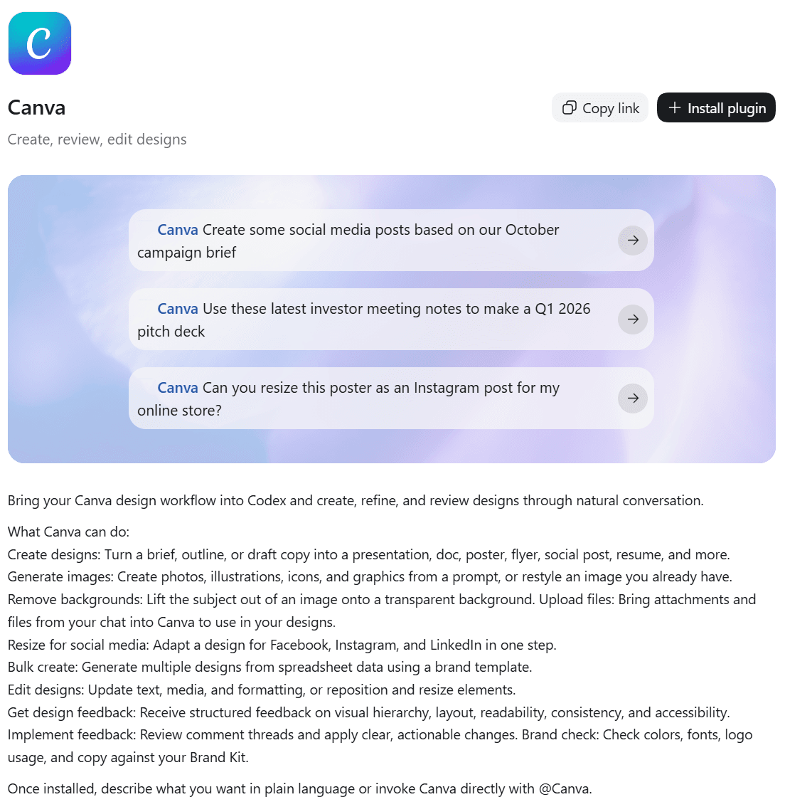 Canva plugin listing in the ChatGPT Plugins Directory with three sample prompts and a description of creating, resizing and brand-checking designs