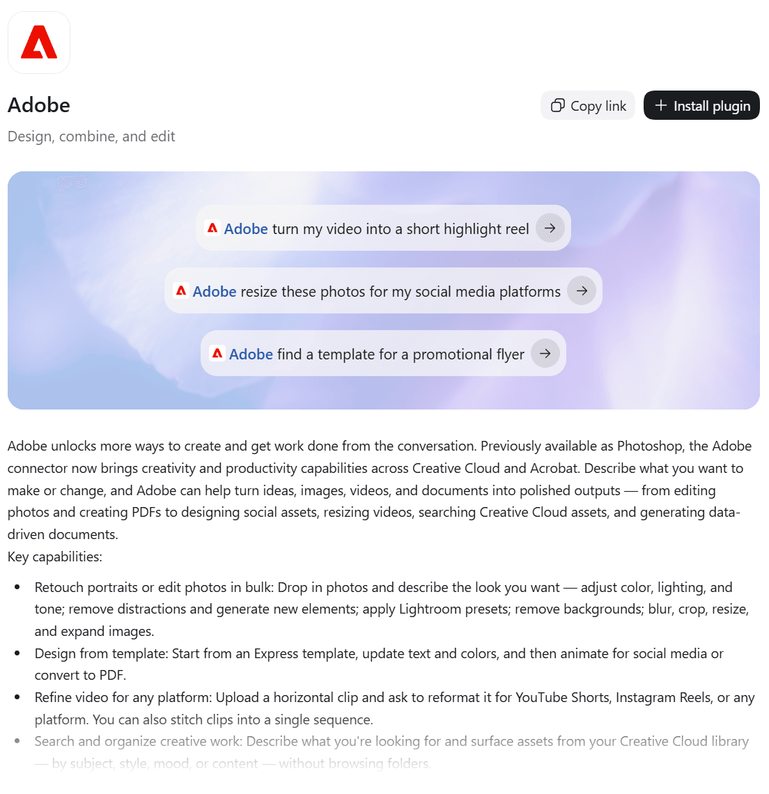 Adobe plugin listing in the ChatGPT Plugins Directory with three sample prompts and a list of photo, template, video and PDF capabilities