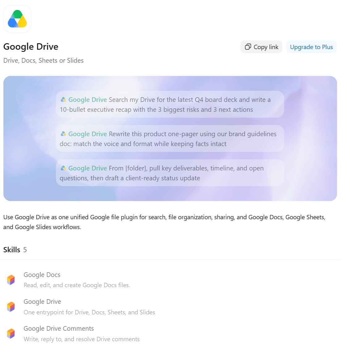 Google Drive plugin listing in the ChatGPT Plugins Directory with an Upgrade to Plus button, three sample prompts and its Google Docs, Drive and Drive Comments skills