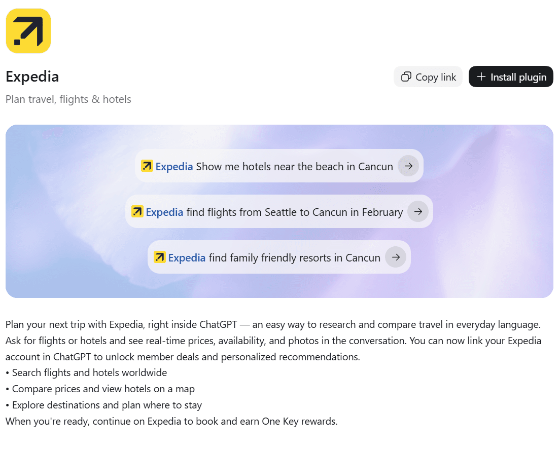 Expedia plugin listing in the ChatGPT Plugins Directory with three Cancun travel prompts and a description of searching flights and hotels with live prices