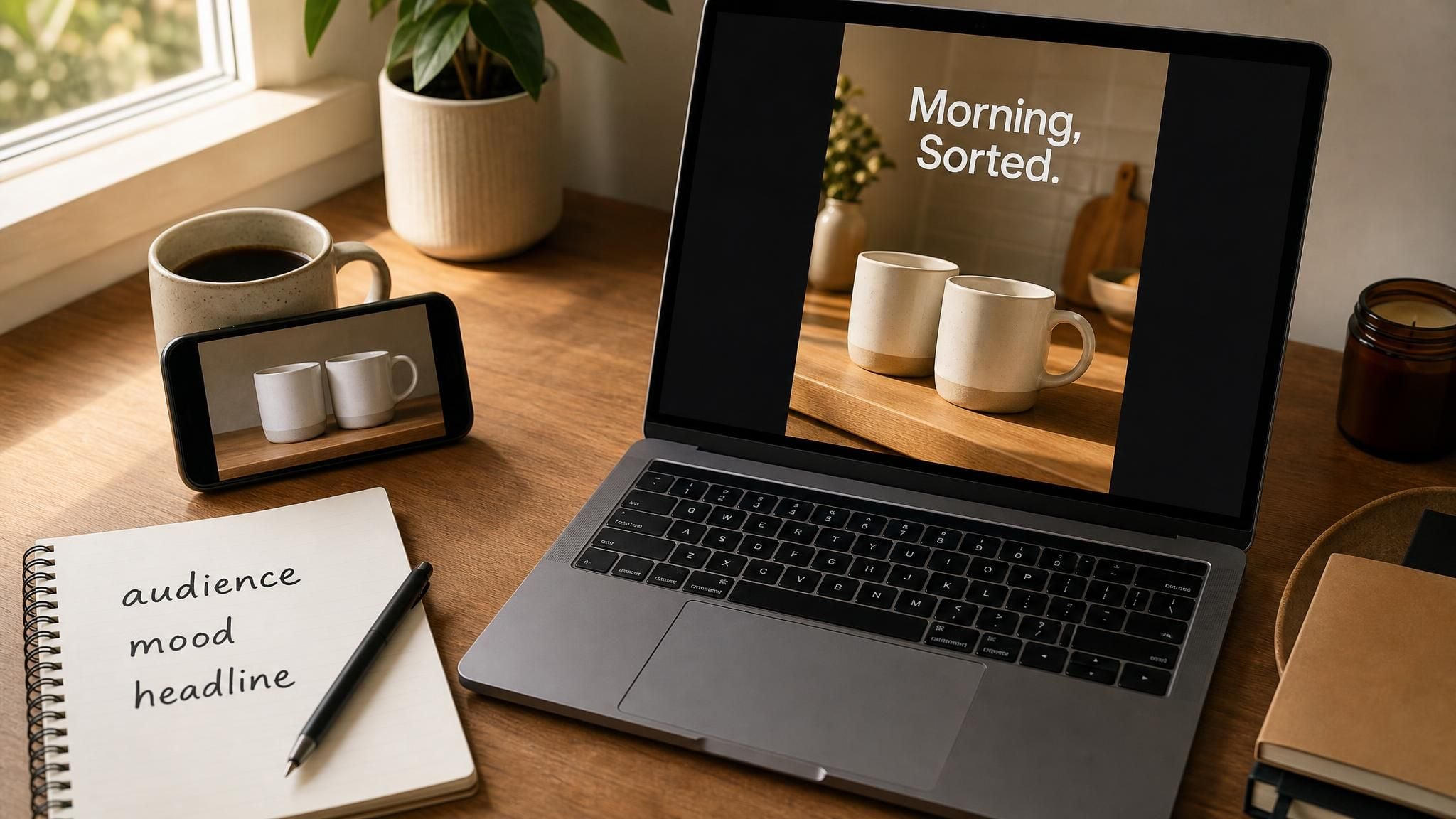A product photo of ceramic mugs on a phone next to a laptop showing the finished ad poster an AI ad generator made from it, headline Morning, Sorted at the top