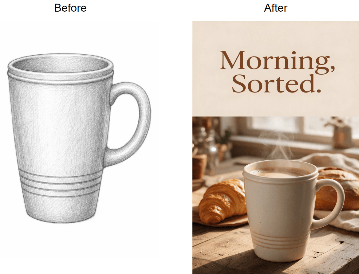 Atlas Cloud free AI ad generator before and after, a pencil sketch of a ceramic mug turned into a finished vertical ad poster with the headline Morning, Sorted rendered as typed, the mug now photorealistic with a croissant and bread on a wood counter