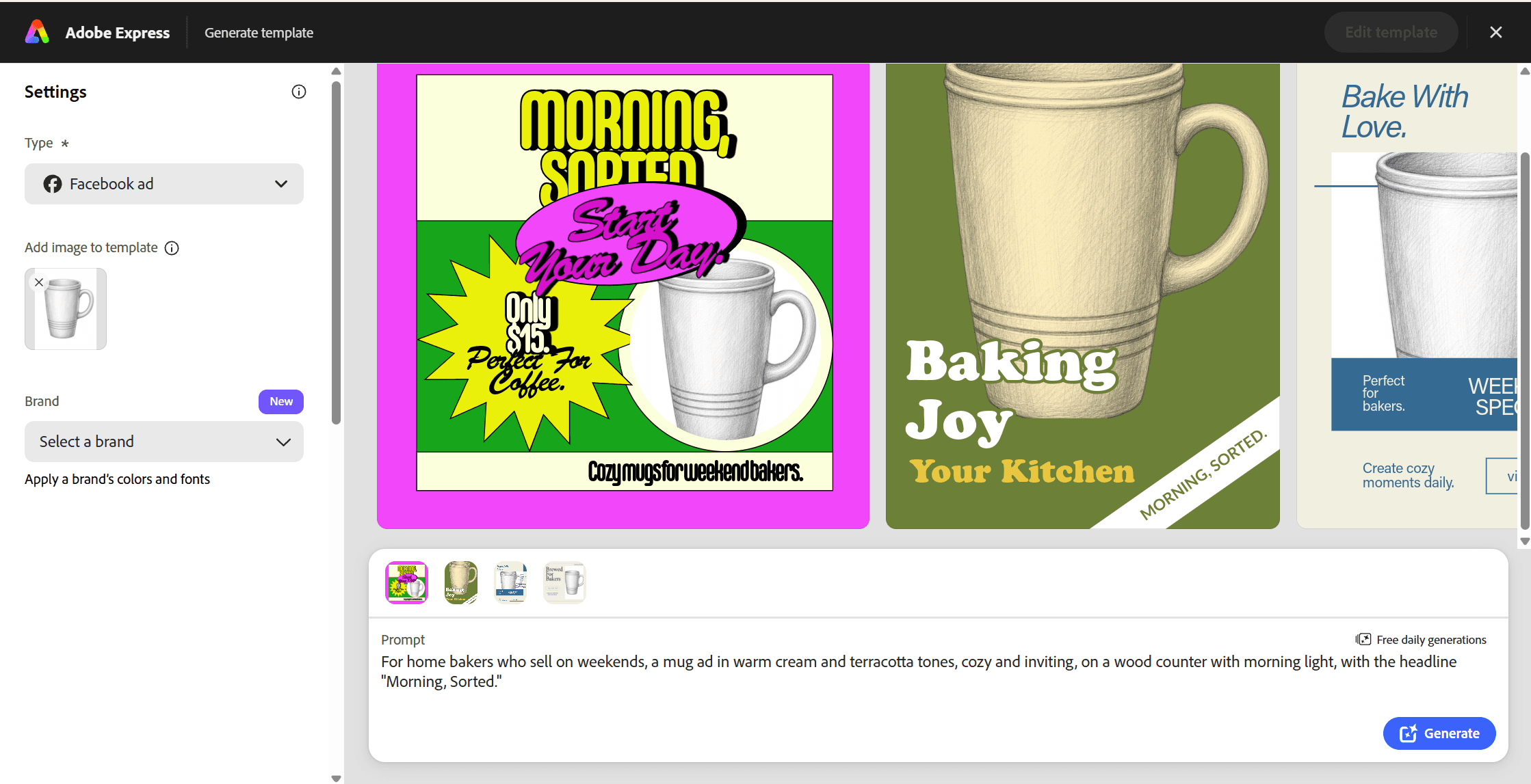 Adobe Express free advertisement maker result built from a mug sketch, a comic-style template with bold headline, a price callout and the mug still rendered as a pencil sketch