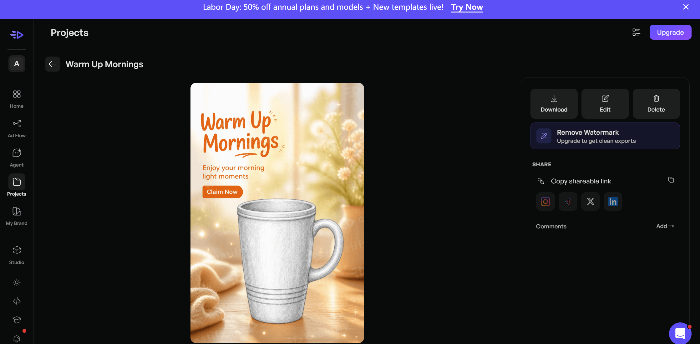 Creatify free-plan poster generated from a mug sketch, the mug still rendered as a pencil drawing inside an AI-generated background with a headline, subtext and call-to-action button, watermarked