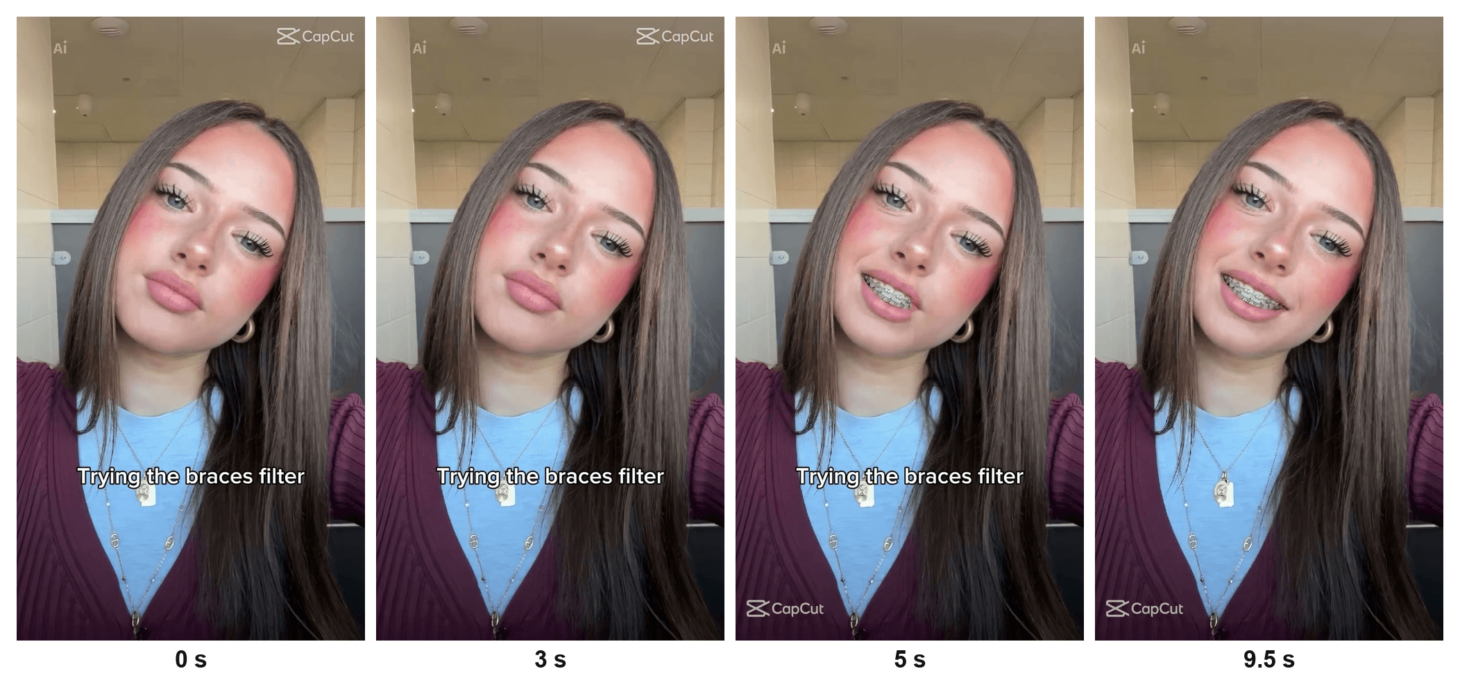 Braces filter CapCut template Braces Filter by rizky[NL] in four frames, closed lips at 0 and 3 seconds, a smile with metal braces at 5 seconds and the same smile at 9.5 seconds Template preview published by its creator on CapCut. The preview is a video; frames shown at 0, 3, 5 and 9.5 seconds.