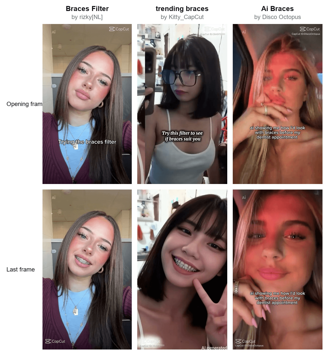 Braces filter CapCut templates compared, opening and last frames of Braces Filter, trending braces and Ai Braces, each turning a selfie into a smile with metal braces Template previews published by their creators on CapCut, checked on October 29, 2026.