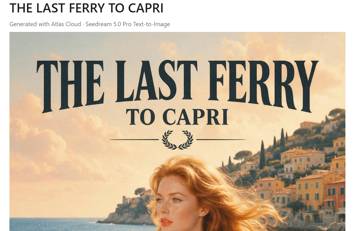 Seedream 5.0 Pro poster titled The Last Ferry to Capri displayed inside a ChatGPT conversation under the label Generated with Atlas Cloud, showing a red-haired woman in a cream trench coat on a sunlit harbor wall