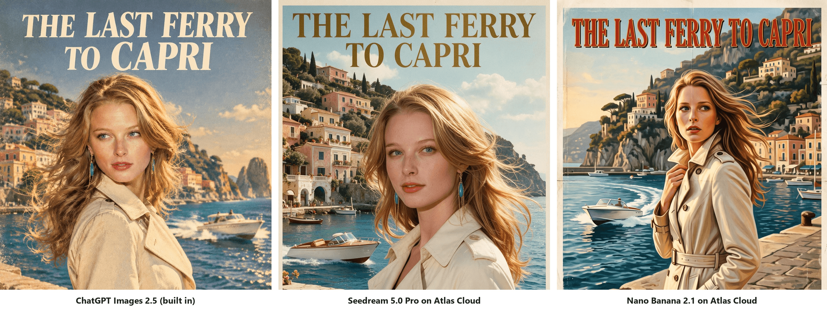 Same 1960s Riviera spy-film poster prompt and reference portrait run three ways: ChatGPT Images 2.5 built in, Seedream 5.0 Pro on Atlas Cloud with the closest likeness, and Nano Banana 2.1 on Atlas Cloud in a painted three-quarter-length style, all titled The Last Ferry to Capri
