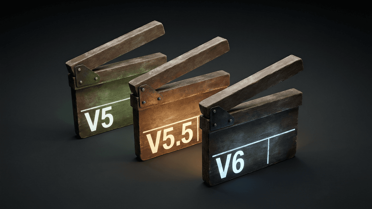Three film clapperboards labeled V5, V5.5, and V5.6 arranged in chronological order on dark studio background