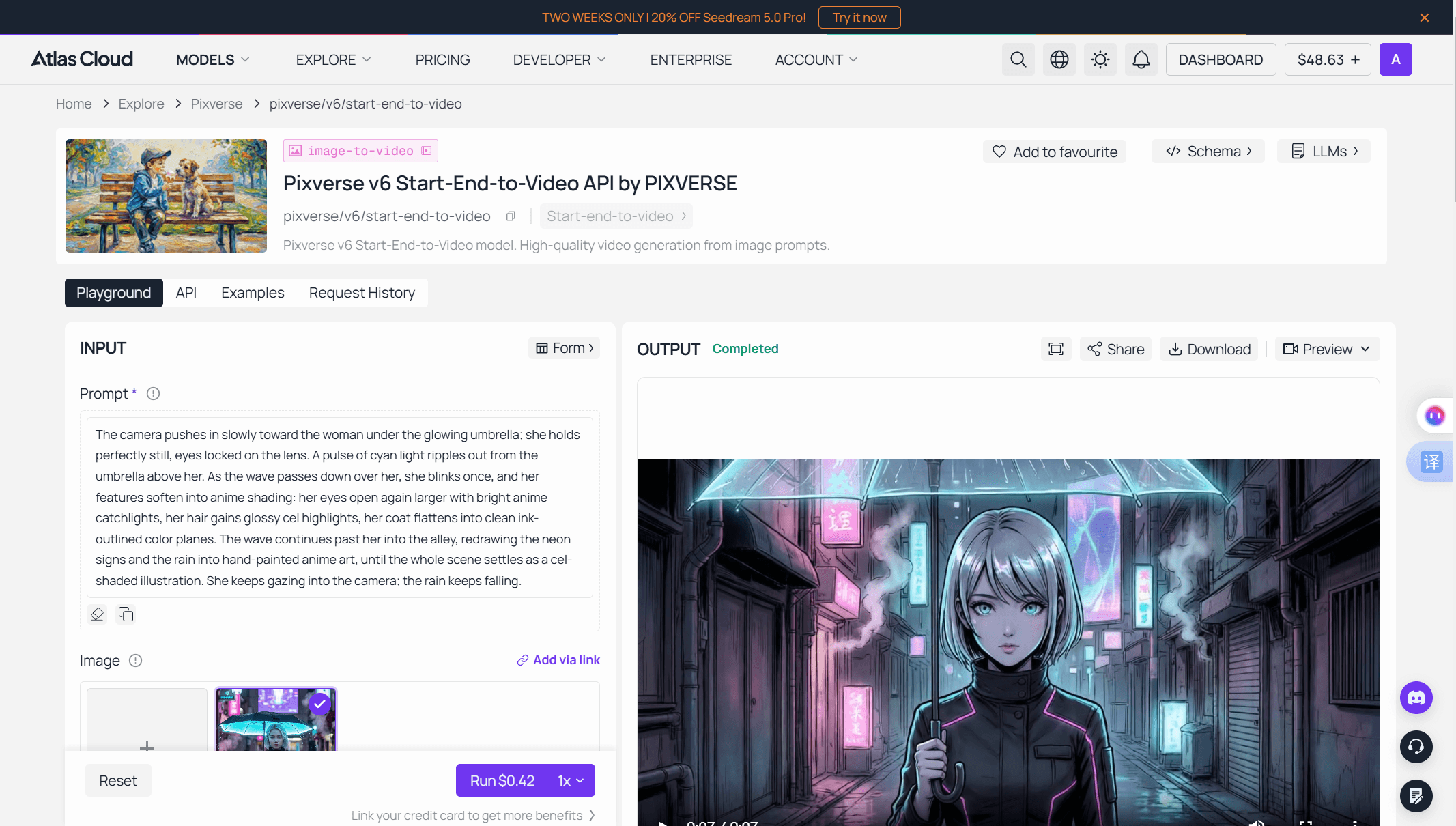 Screenshot of the Atlas Cloud PixVerse V6 text-to-video playground with a filled prompt, duration and quality selectors, audio toggle, and the Run button quoting $0.42.