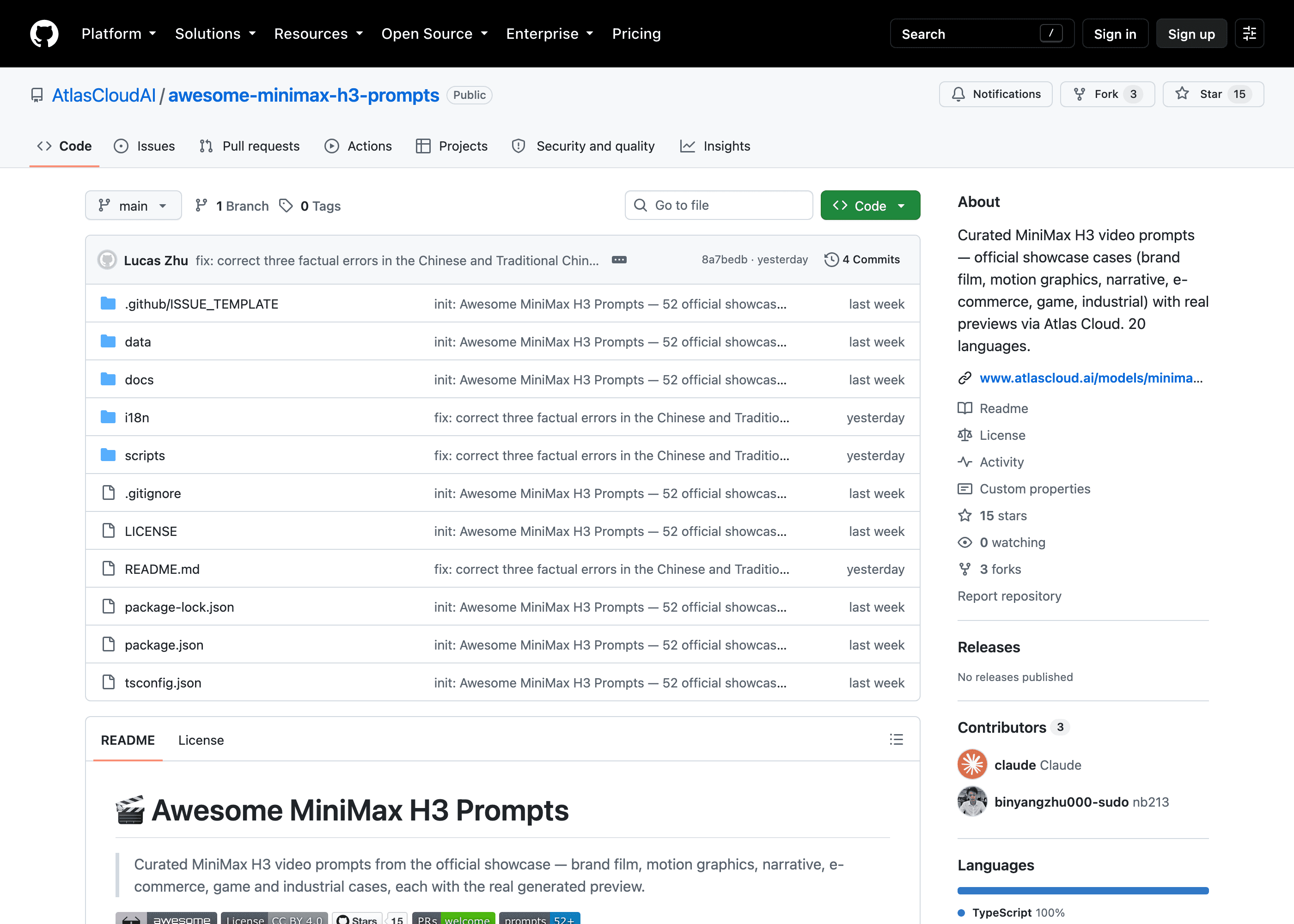 GitHub repository page for the awesome-minimax-h3-prompts project