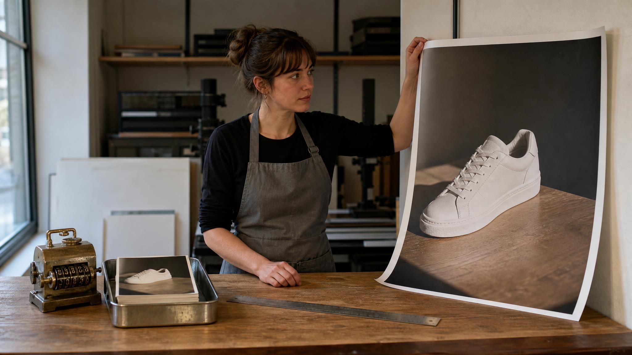 Photorealistic photo of a photo lab counter with a tray of wallet-sized sneaker prints and a mechanical counter on one side and the same sneaker photo at full poster size on the other, an image of a Photoroom background remover alternative that returns the file at full size.