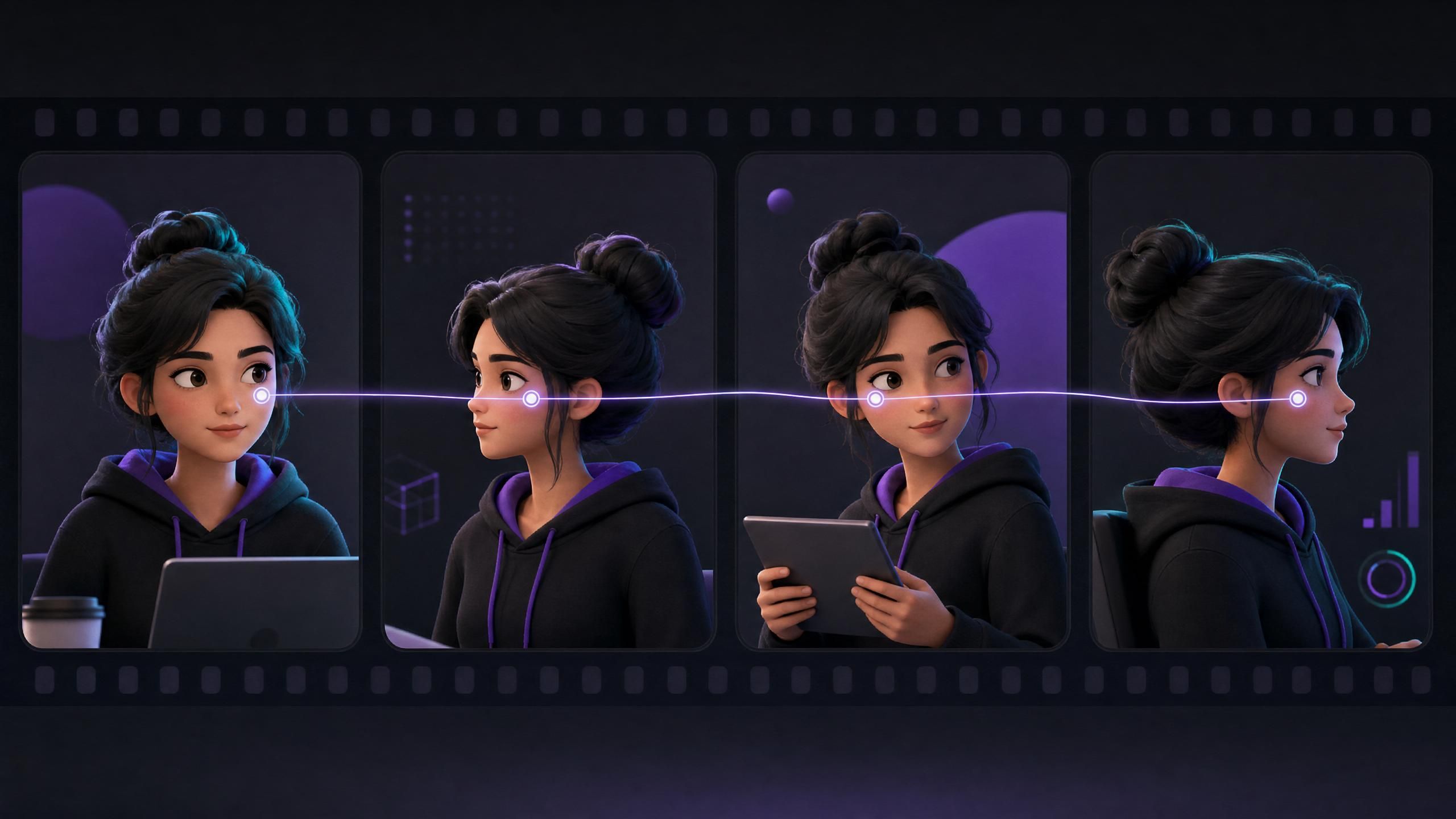 the same stylized character appearing consistently