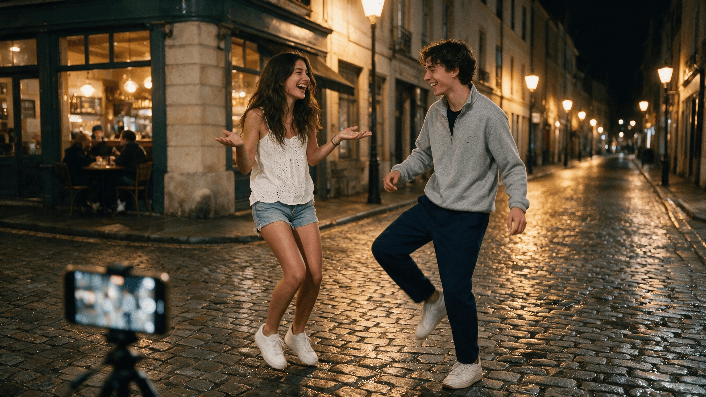 A young woman in a white camisole and denim shorts and a young man in a grey half-zip sweatshirt dance side by side on a wet cobblestone street at night, she with both palms turned up in a shrug and he with one knee popped, while a phone on a small tripod films them from the foreground