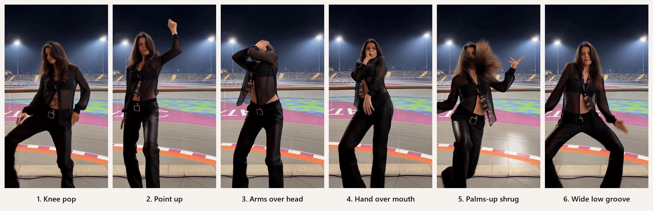 Six vertical frames of an AI-generated woman in a sheer black blouse and leather trousers dancing in front of a floodlit night racetrack, labeled knee pop, point up, arms over head, hand over mouth, palms-up shrug and wide low groove