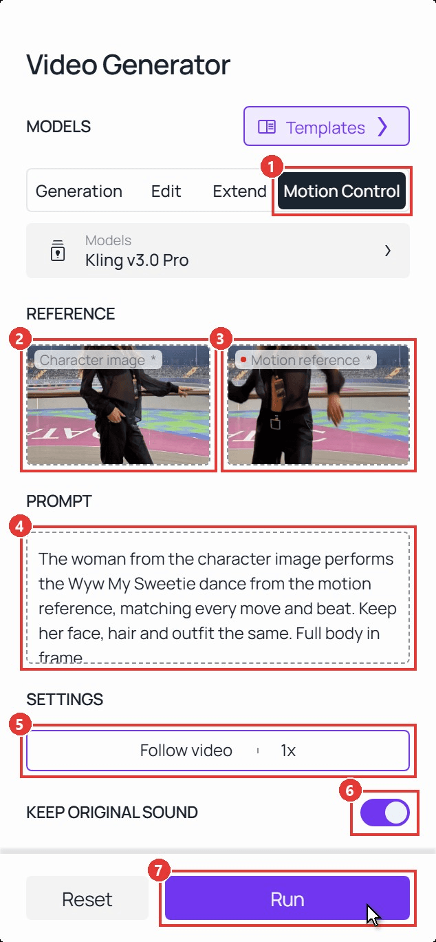 Atlas Cloud Video Generator panel on the Motion Control tab with Kling v3.0 Pro selected, showing the character image and motion reference thumbnails, the dance prompt, the Follow video setting, the Keep original sound toggle and the Run button, with red boxes numbered 1 to 7 and the cursor on Run