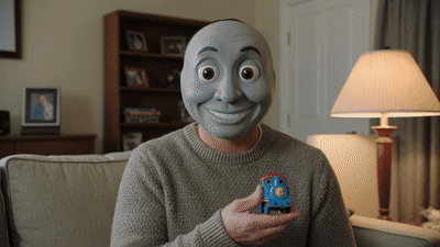 Man wearing Thomas the Tank Engine mask holds a toy train