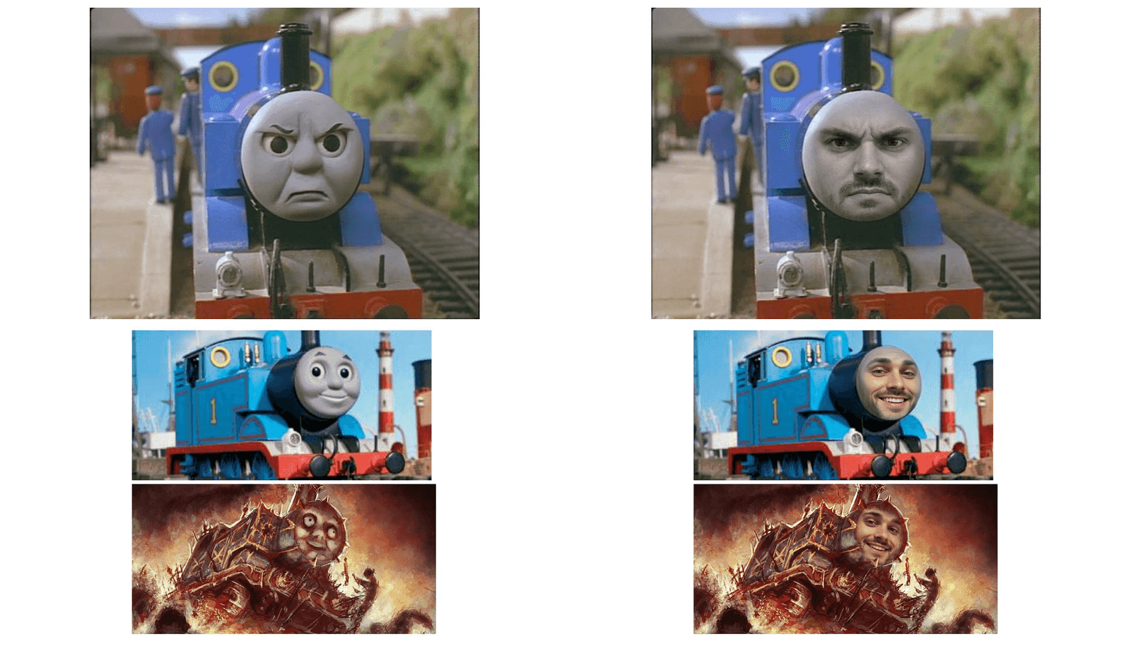 Thomas the Tank Engine compared with a man's face edited on