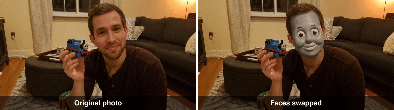 Side-by-side photos of a man's face swapped with a toy train
