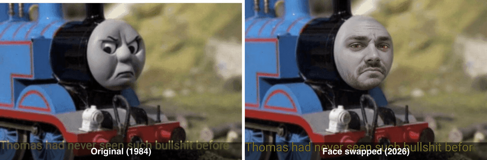 Side-by-side comparison of original and face-swapped Thomas the Tank Engine