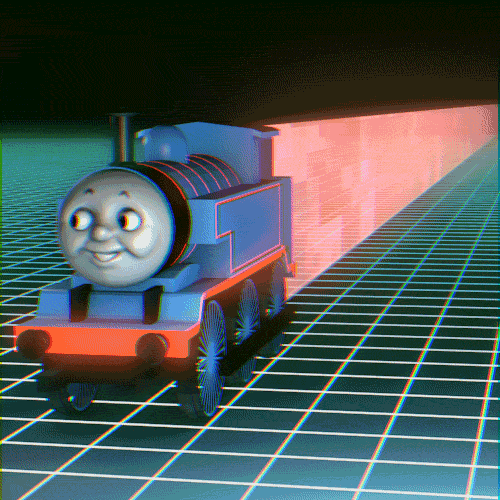 Thomas the Tank Engine on a retro grid with pink light trail