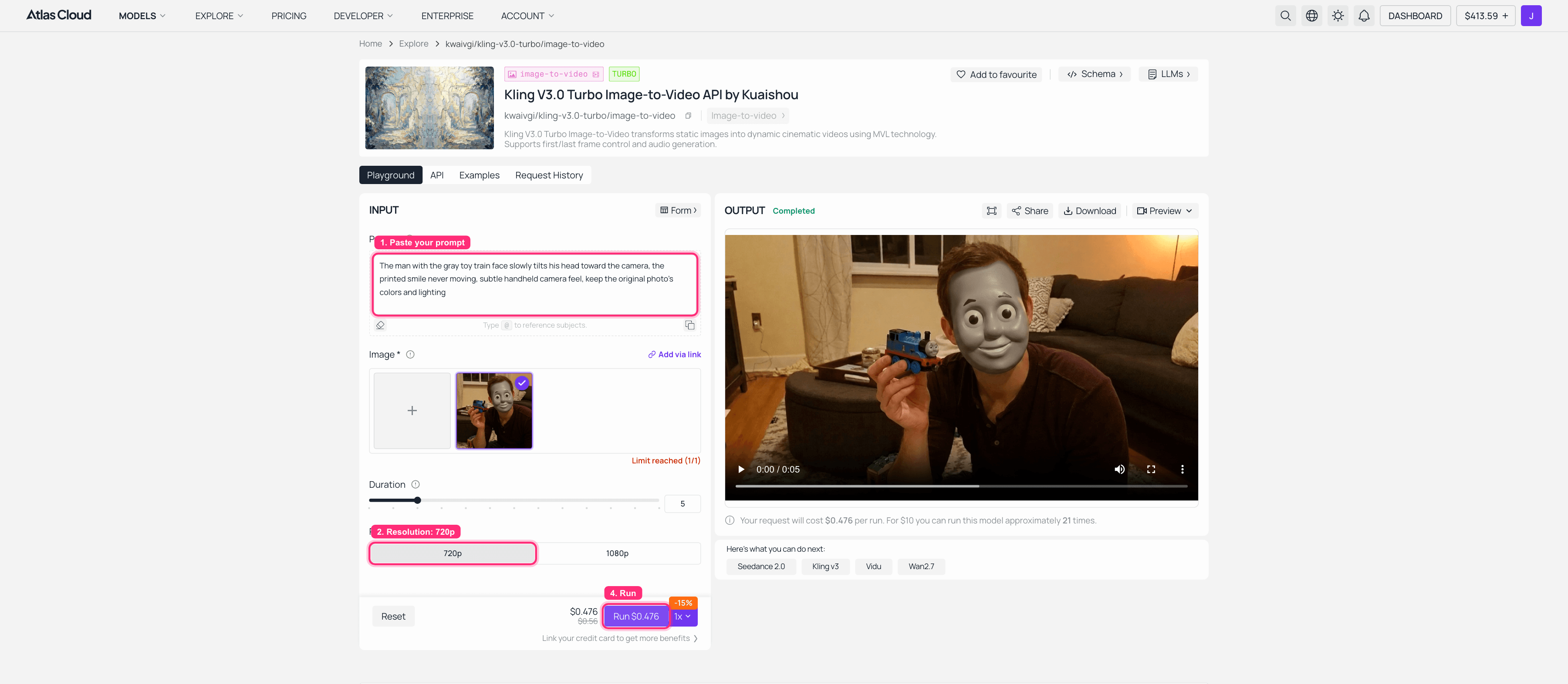 Screenshot of the Kling V3.0 Turbo image-to-video web interface