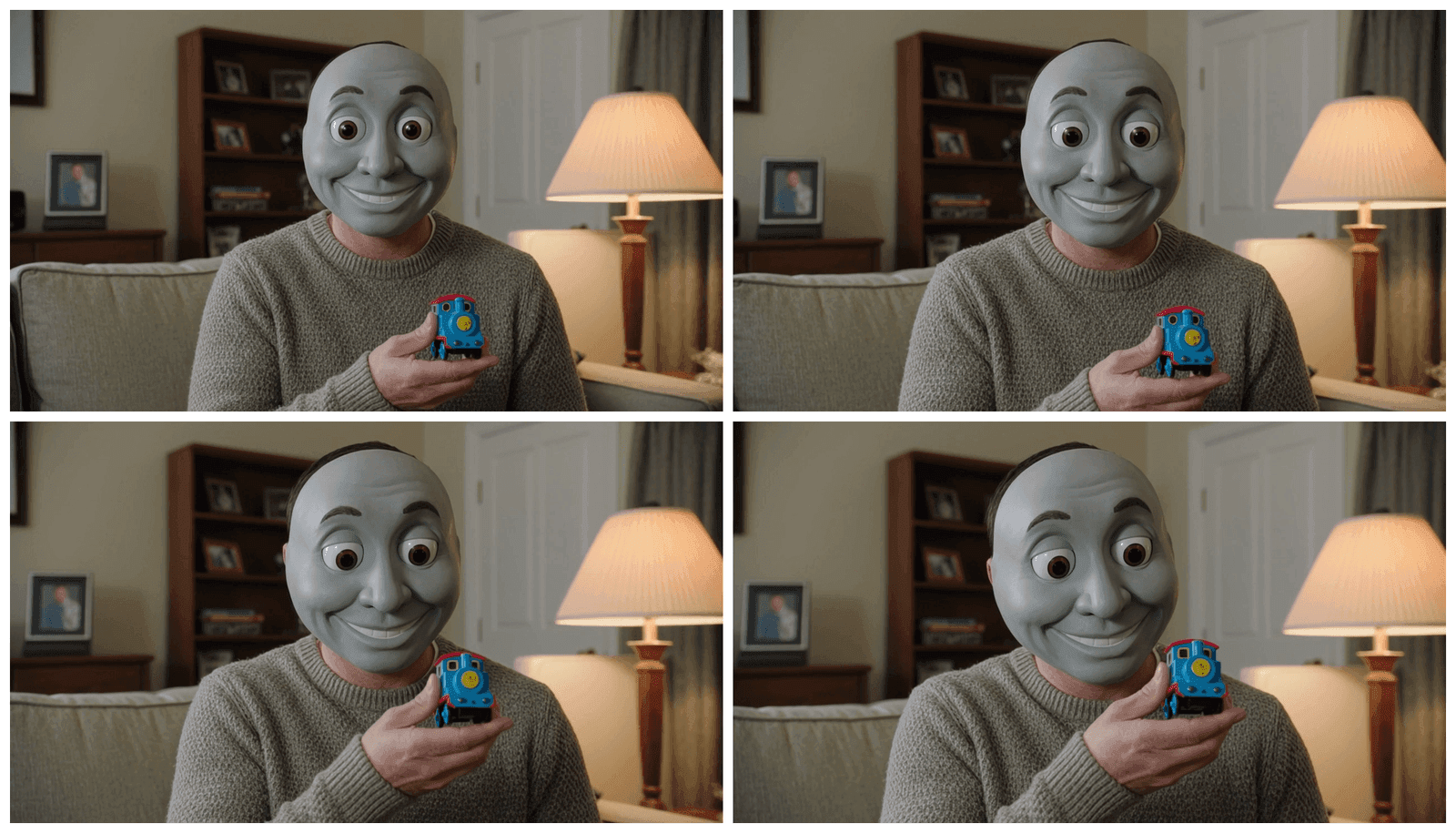 Man wearing a Thomas the Tank Engine mask holds a toy train