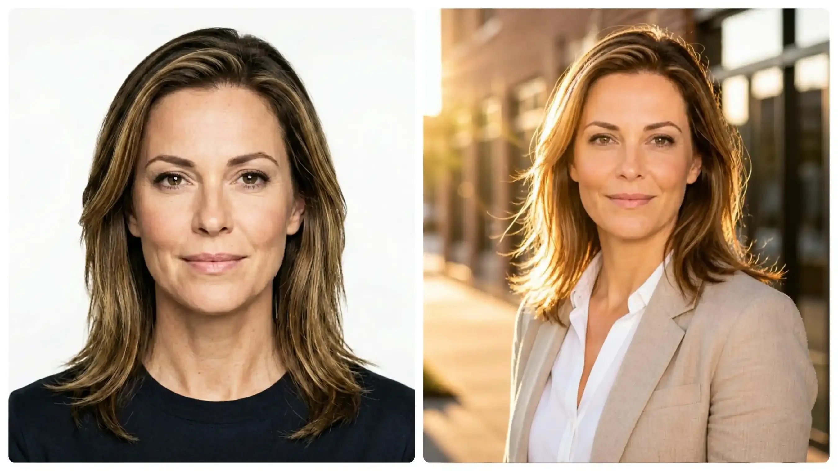 Neutraal studio-zaadportret getransformeerd in een outdoor gedachteleiderportret met een linnen blazer