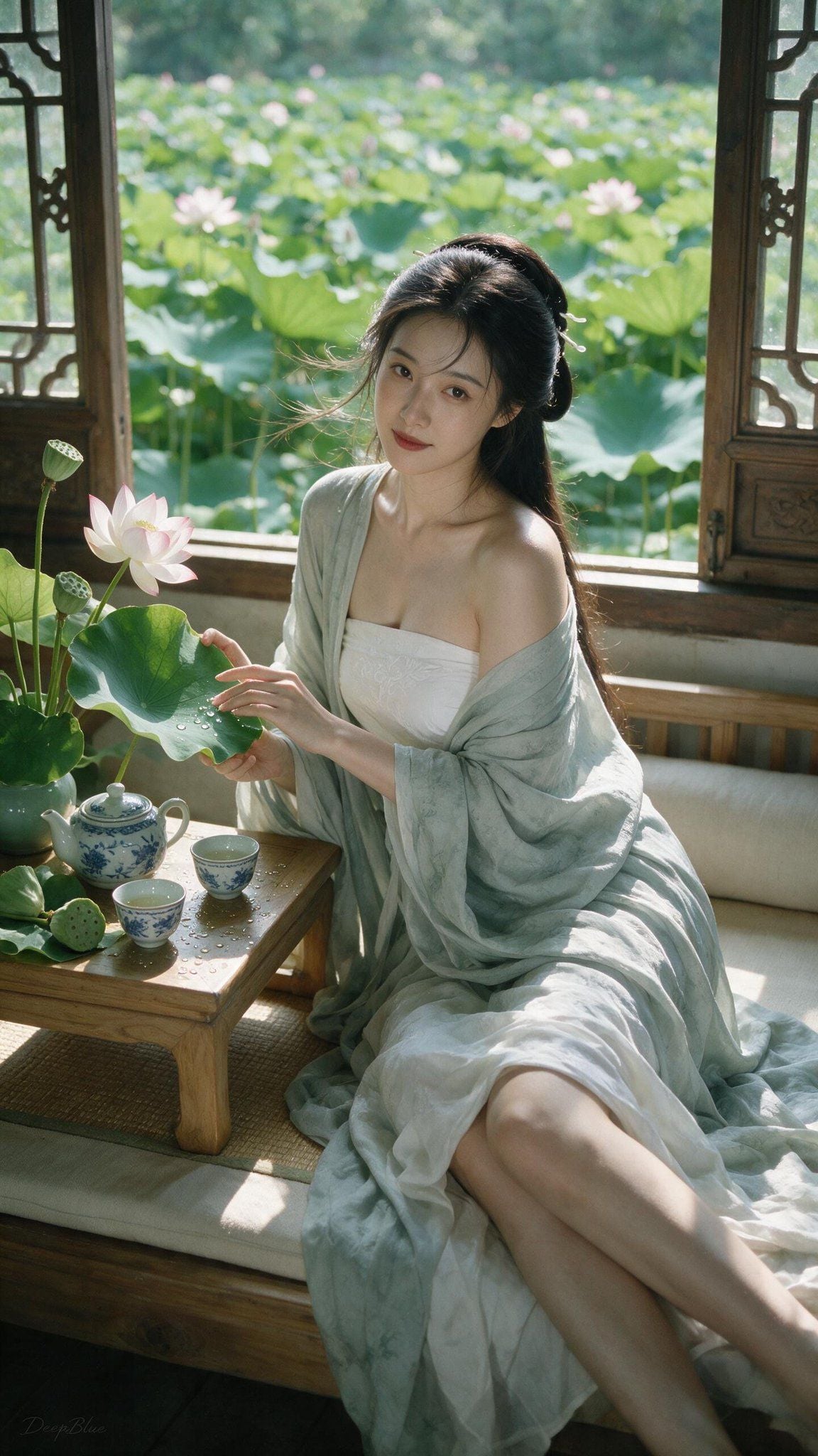 Seedream 5.0 Pro render shared with the July 2026 bug report on X: a woman in pale robes seated by a lattice window over a lotus pond, legs crossed under a light drape, holding a lotus leaf with both hands.