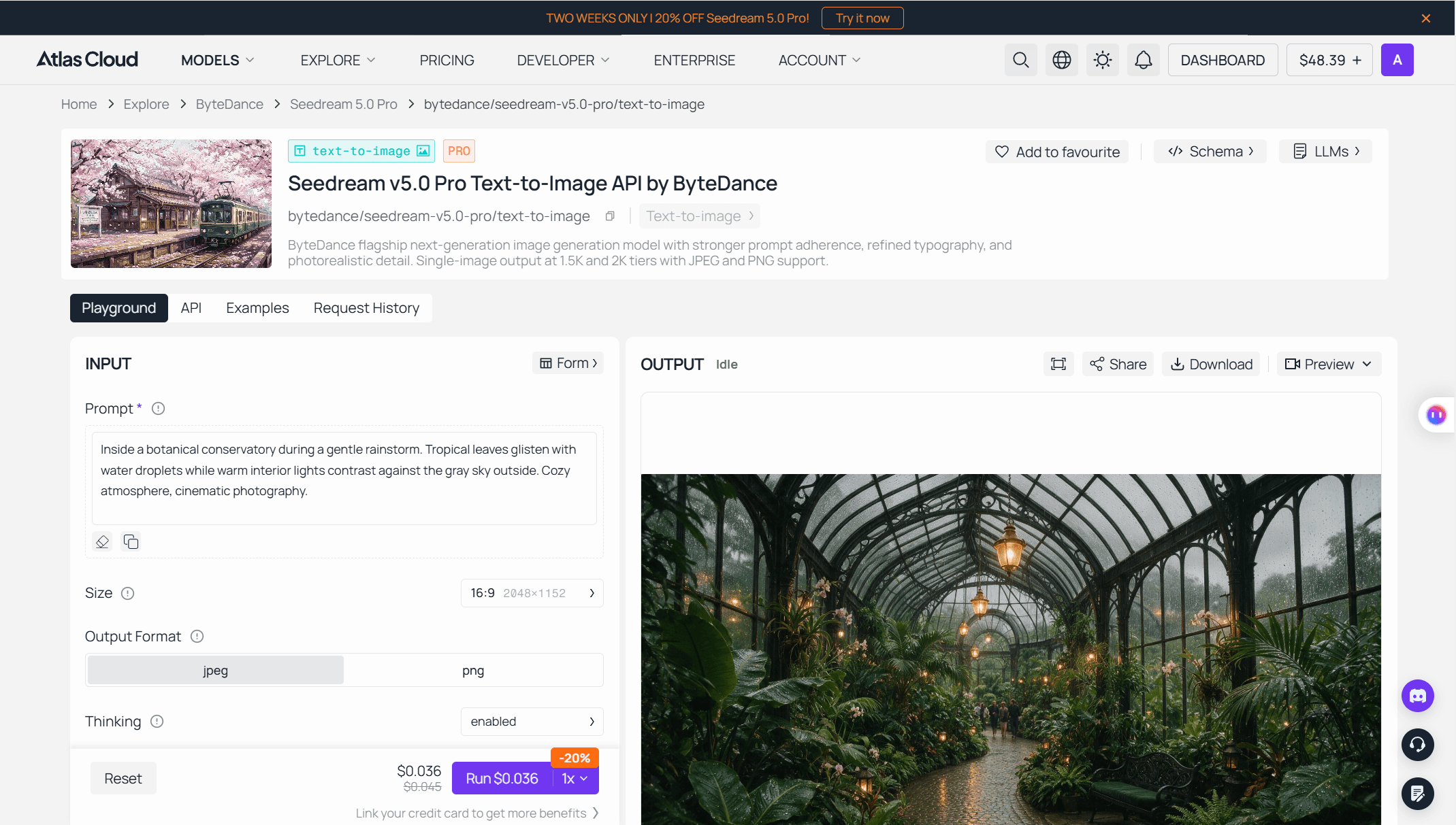 Atlas Cloud playground for Seedream 5.0 Pro showing the prompt field, size and format controls, Thinking toggle, and a Run button quoting $0.036 per image at a 20% discount.